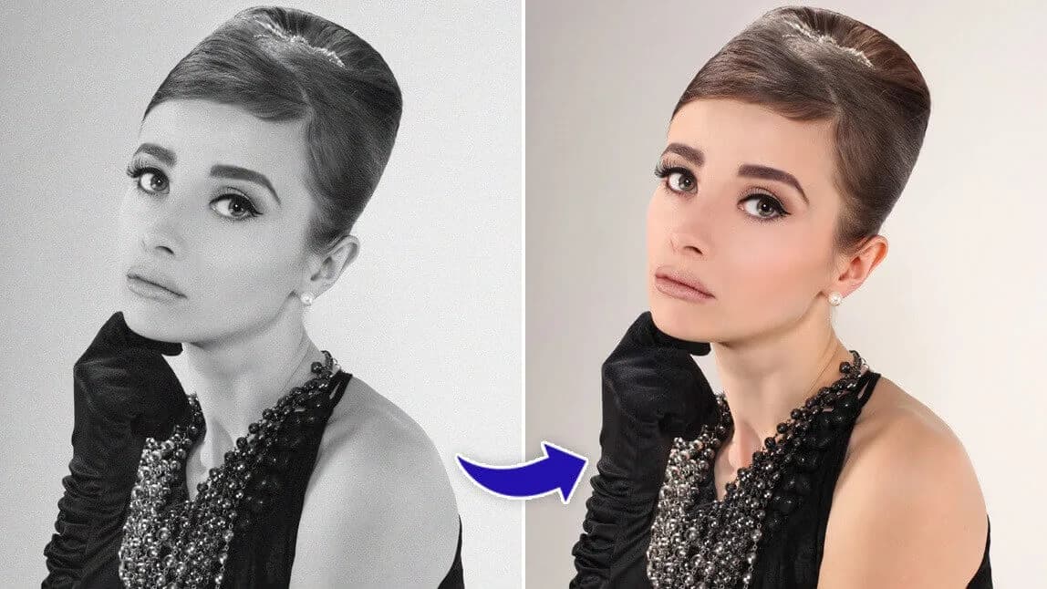 AI Photo Colorization Demo - 1950s black and white photograph transformed into vibrant full color image